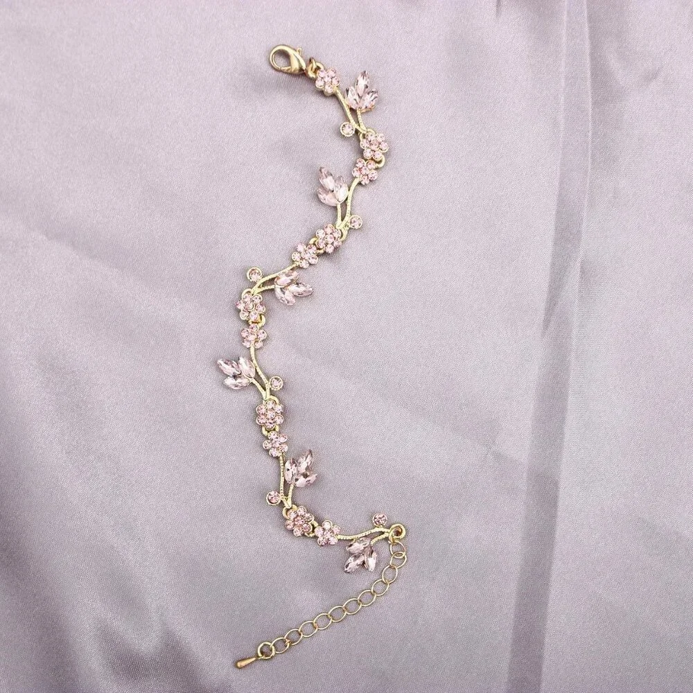 Flower Leaf Jewelry Set Choker Earrings Bracelet Wedding Prom Crystal Gold